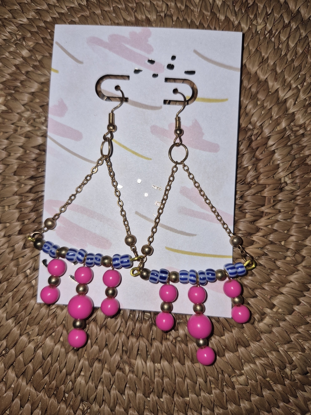 Women’s Gold-Tone Beaded Drop Earrings with Hot Pink and Blue Accents